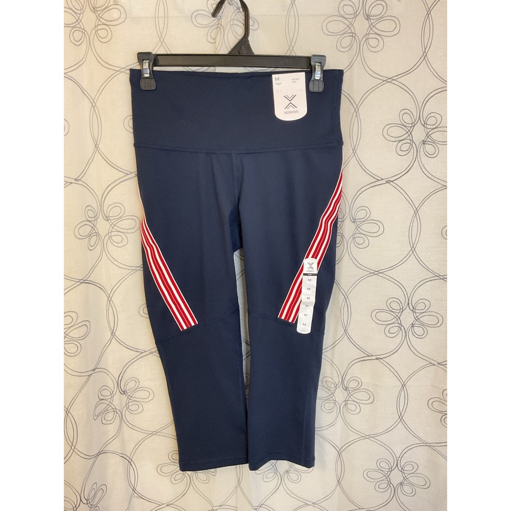 Women's Xersion Navy Blue W/Red & White Stripes Capri Leggings, Size Medium